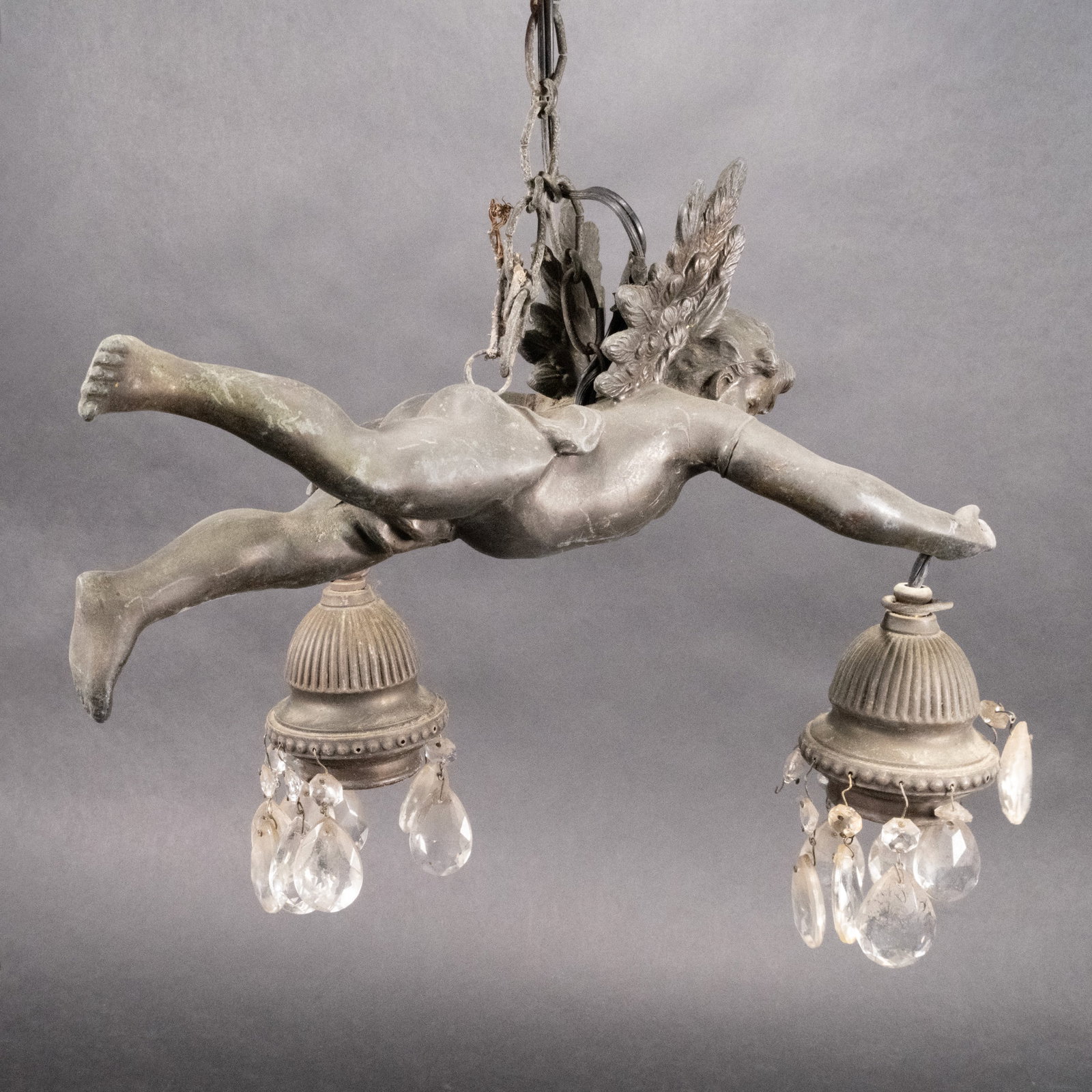 Antique French Art Nouveau Bronze Flying Putti Hanging Lamp (1 of 7)
