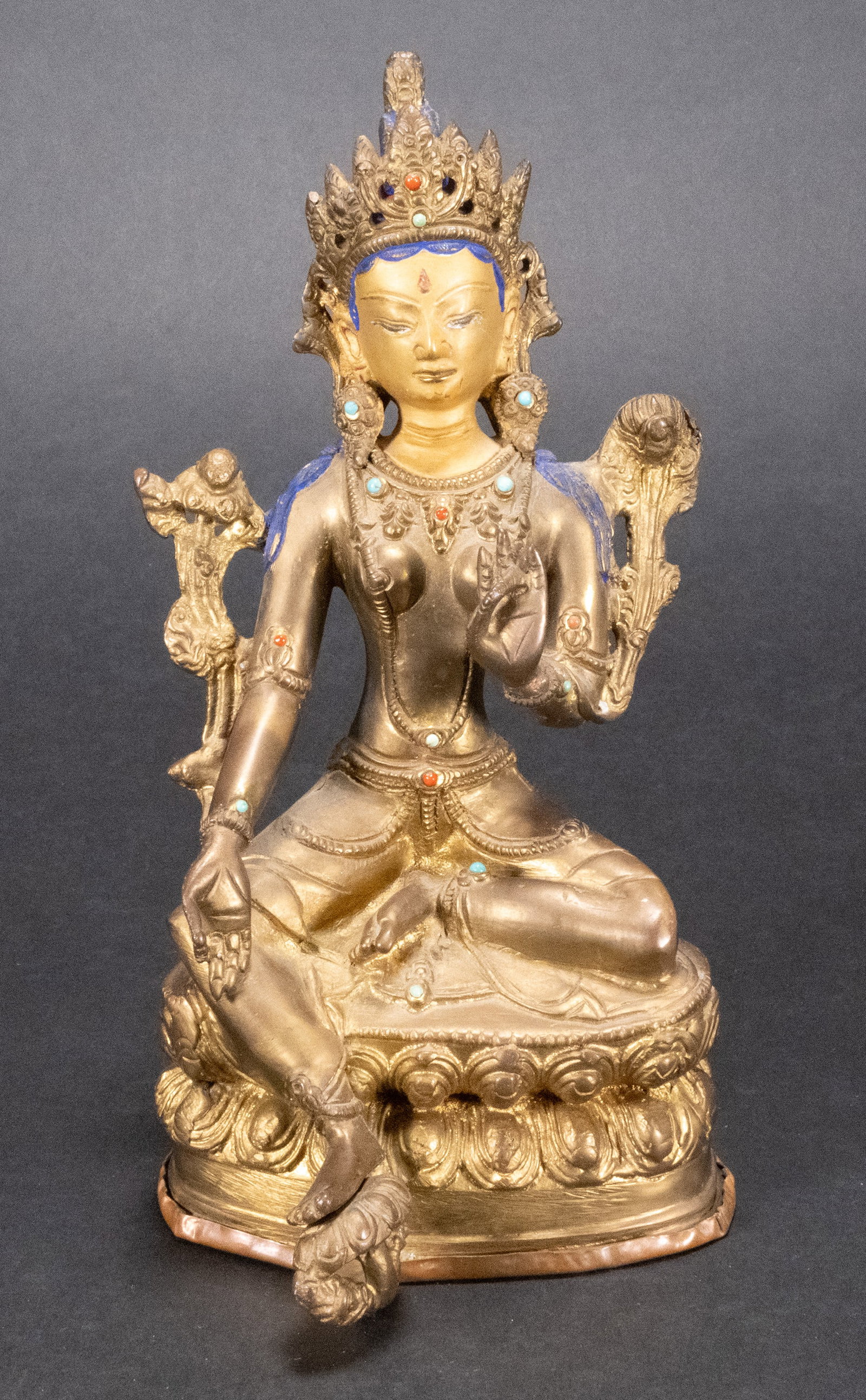 Chinese Gilt Bronze Embedded Coral Turquoise Tara Buddhist Scupture (1 of 5)