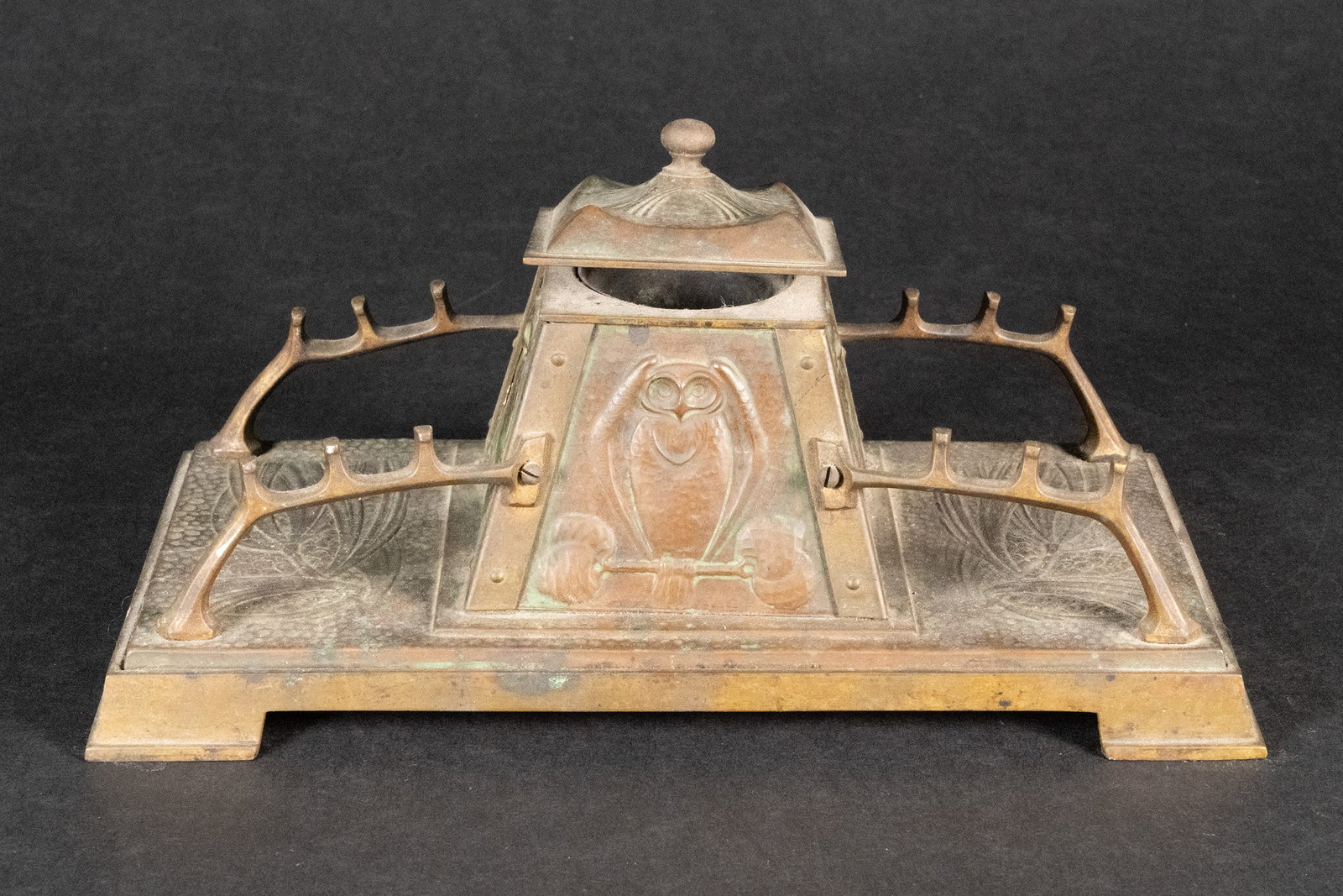 Arts & Crafts Gilt Bronze & Copper Owl Inkwell (1 of 5)