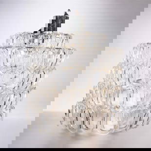 Angelo Mangiarotti Gioglali Chandelier By Vistosi Murano: Angelo Mangiarotti Gioglali Chandelier Produced by Vistosi Murano Venetian Art Glass 1966 Blown Clear Glass Pendant Hooks on Steel Structures Italy Modular structure No Missing Pieces Pictures do not