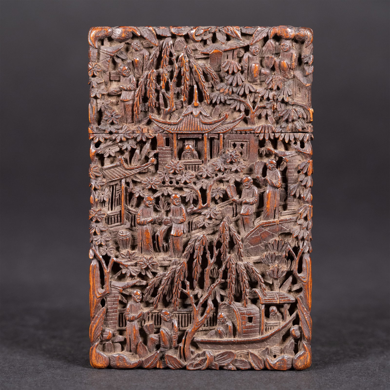 Chinese Carved Sandal Wood Name Card Case Holder: Chinese Hand Carved Sandle Wood Name Card Case Holder Intricately Hand Carved Depicting a Continous Frieze of Scholars Pagodas and Pavilions in a Lush Garden Landscape Qing Dynasty Dimensions Approx: