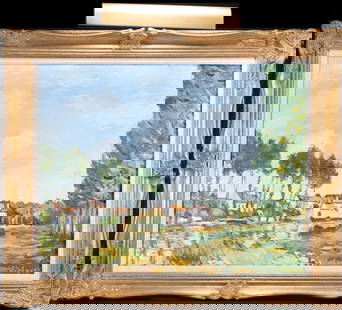 Alfred Sisley ( French 1839-1899) Oil on Canvas Dated 1893: Alfred Sisley ( France 1839 - 1899 ) Oil on Canvas Circa 1893 Impressionist Seasonal Landscape Cityscape Painting Signed and Dated Lower Right " Sisley '93 " Framed in Gold Gilt Floral Motif Frame wit