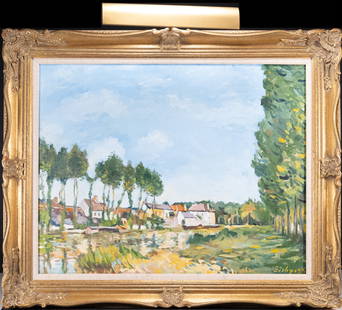 Alfred Sisley ( French 1839-1899) Oil on Canvas Dated 1893: Alfred Sisley ( France 1839 - 1899 ) Oil on Canvas Circa 1893 Impressionist Seasonal Landscape Cityscape Painting Signed and Dated Lower Right " Sisley '93 " Framed in Gold Gilt Floral Motif Frame wit