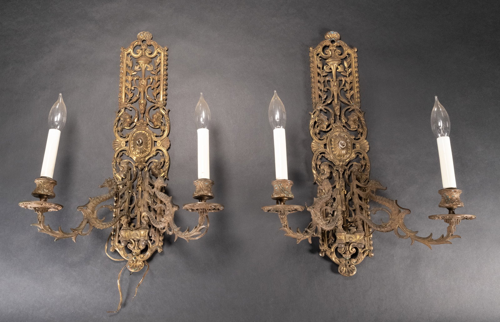 19th Century Louis XV Style Gilt Bronze Two Light Seahorse Wall Sconce Pair (1 of 7)
