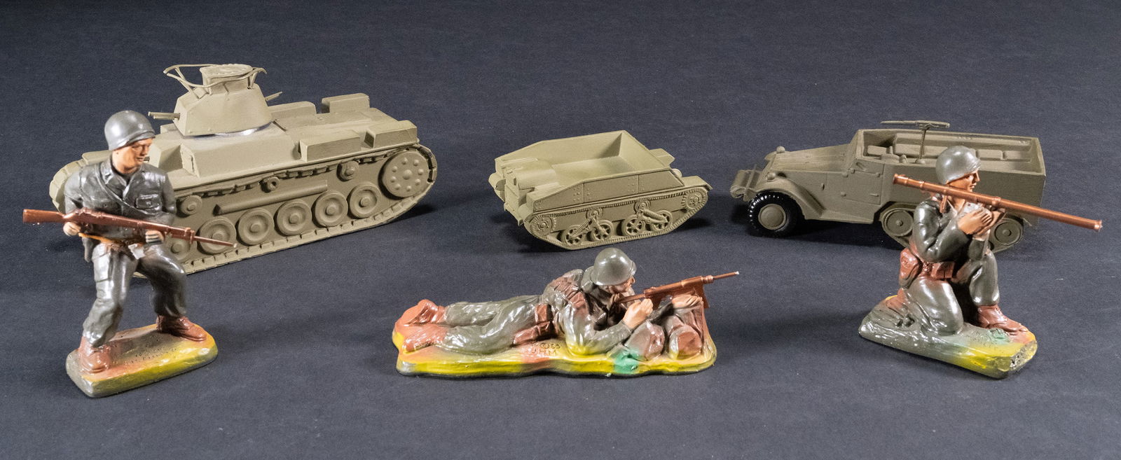 Vintage Military Toy Model Group Lot WWI WWII Korea: Vintage Militaria Toys Models Cometal Diecast Japanese Cruiser Tank 7" 1950 J H Miller Chalkware Korean War Soldier Kneeling Plastic Bazooka 4" Cast Iron Half Track 6.5" M34A1 US Army Scout Car Metal