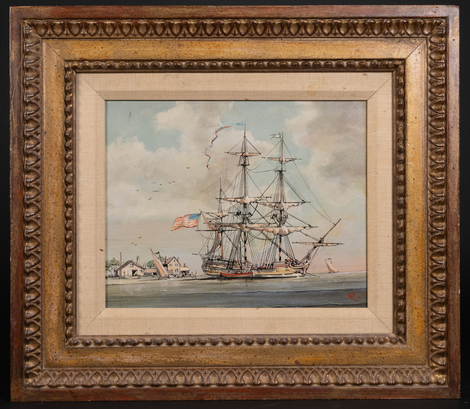Joe Hunt (American 20th c.) Maritime Oil: Joe Hunt ( American 20th Century ) Maritime Seascape Oil On Masonite Board Depicts US American Ship leaving the coast Signed and Dated Lower Right "Joe Hunt 72" Art 7 5/8" H 9.5" L Frame 14 1/8" H 16 