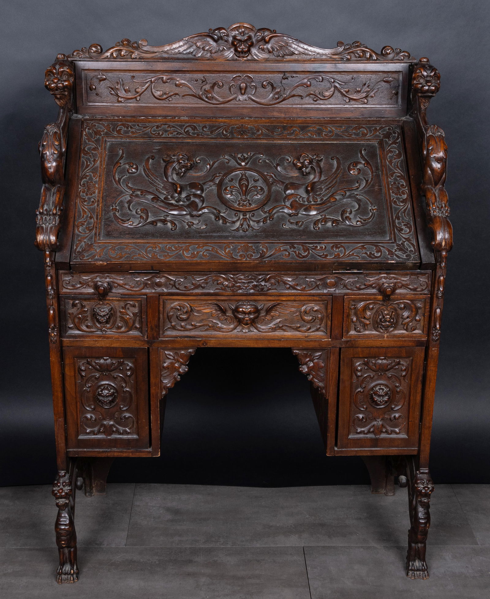 RJ Horner Heavily Figural Carved Italian Walnut Slant Front Desk (1 of 13)