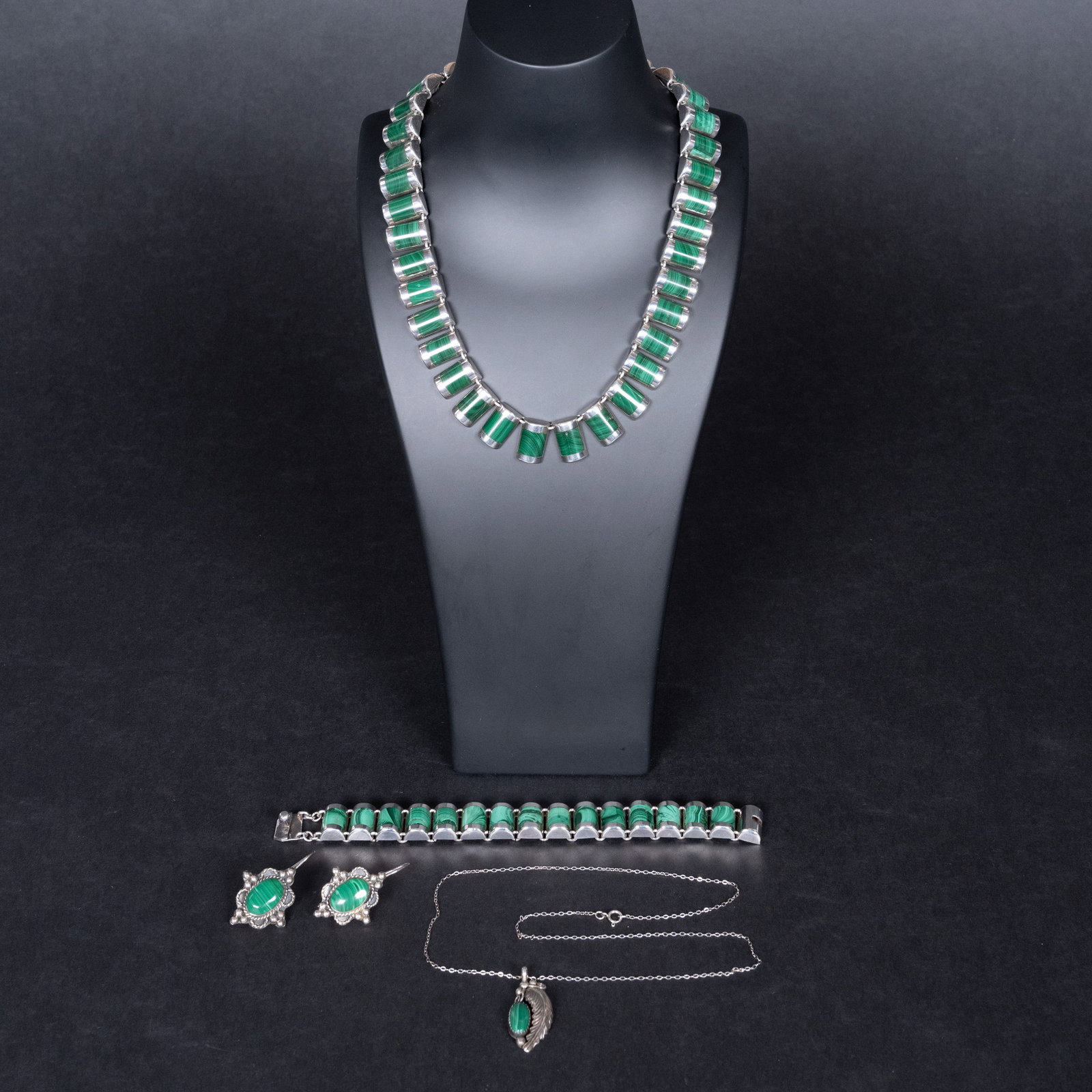 J Comes Taxco Sterling Silver & Malachite Inlay Modernist Jewelry Set (1 of 17)