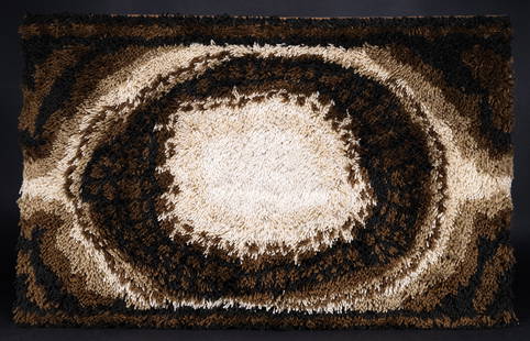 Modernist Danish Rya Rug Sunburst Abstract: Danish Mid Century Modern Rya Shag Rug in cream beige brown black abstract swirl pattern " Amorso 10 " Ege Rya Gallery Acrylic Fibre by Monsanto carpet 5'3" by 3'1" Made in Denmark Original Tag Modern