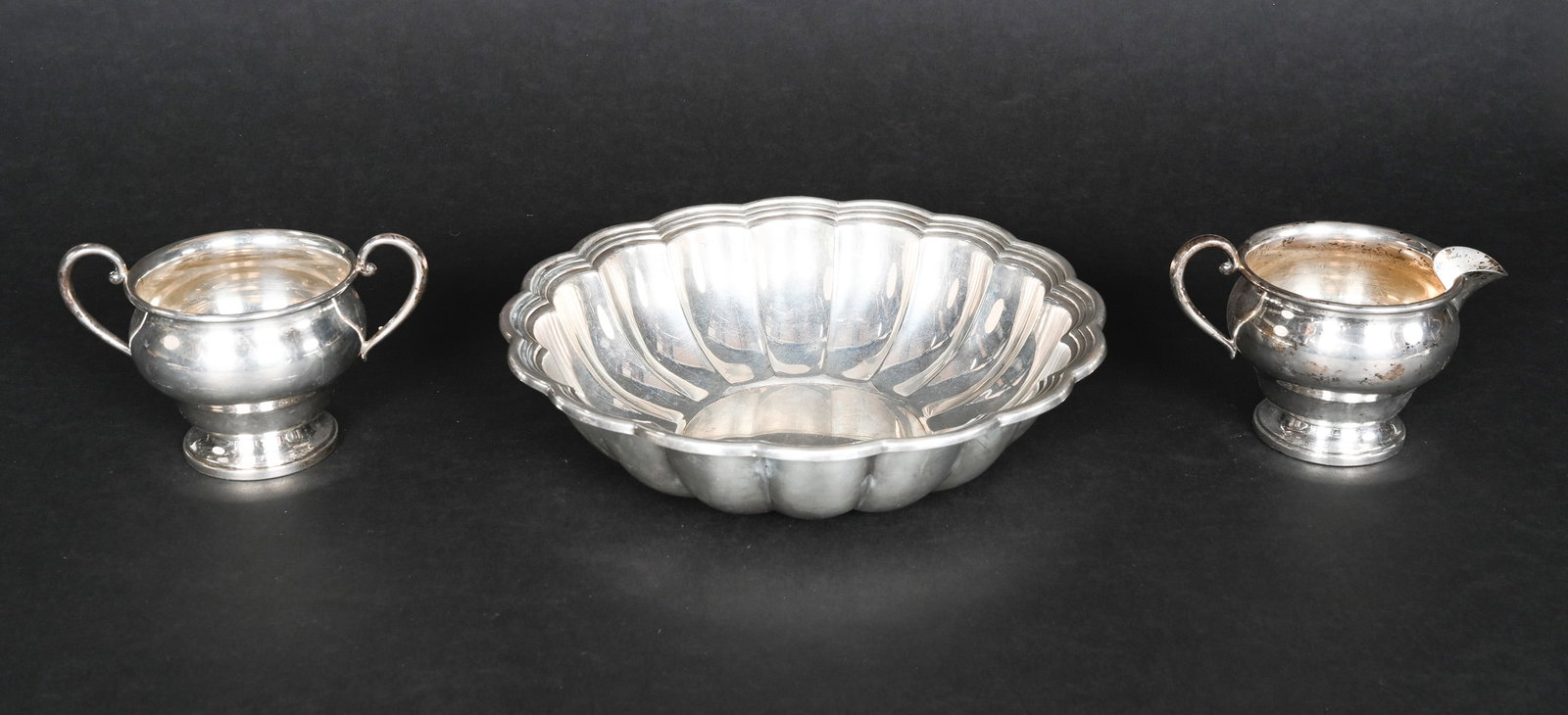 Sterling Silver Tableware Collection 3Pcs: Sterling Silver Tableware Barware Collection Grouping Group Lot 3 Pieces Total Weight of Sterling Silver Over 700 Grams Lot Comprising: 1x Gorham Sterling Silver Large Bowl Fluted Sides and Scalloped
