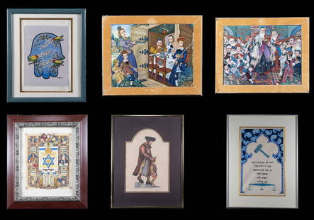 Judaic Wall Art Collection Arthur Szyk Amram Ebgi etc 6Pcs: Judaica Wall Art Collection Artur Szyk Amram Ebgi etc 6 Pieces Lot Comprising: 1x Amram Ebgi " Rabbi and Son " Signed Titled and Lower Bottom: " 155/300 Rabbi and Son Ebgi " Framed Approx: Frame: 11 5