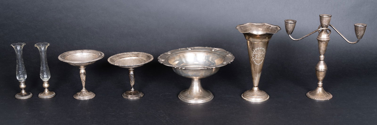 Large Sterling Silver Tableware Barware Collection Group Lot: Large Sterling Silver Tableware Barware (1) Courtship International T200 Compote Dish 6" Tall With 6.25" Flared Circular Dish With Floral Pattern On Trim and 3" Circular Base (220g) (1) Silver Compote