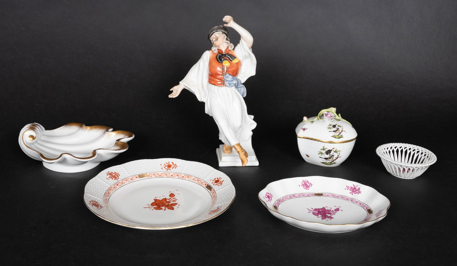Herend Hungarian Ceramic Sculpture Tableware Collection Group Lot: Herend Hungary Porcelain Sculpture Frigural Figurine Tableware Barware Collection Grouping Lot (1) Chinese Bouquet Rasberry Round Openwork Basket 150th Anniversary Edition Hand Made featuring a Hand P