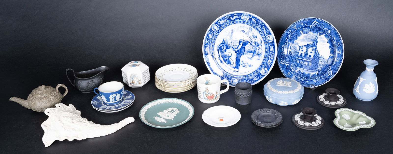 Large Wedgwood Ceramic Collection Grouping Lot: Large English Wedgewood Porcelain Collection Group Lot Tableware Barware England (1) Wedgwood Jasperware Light Blue Scalloped Candy / Trinket Box Greek Deities and Grape Leaf Design 5" x 1.75" (1) Wed