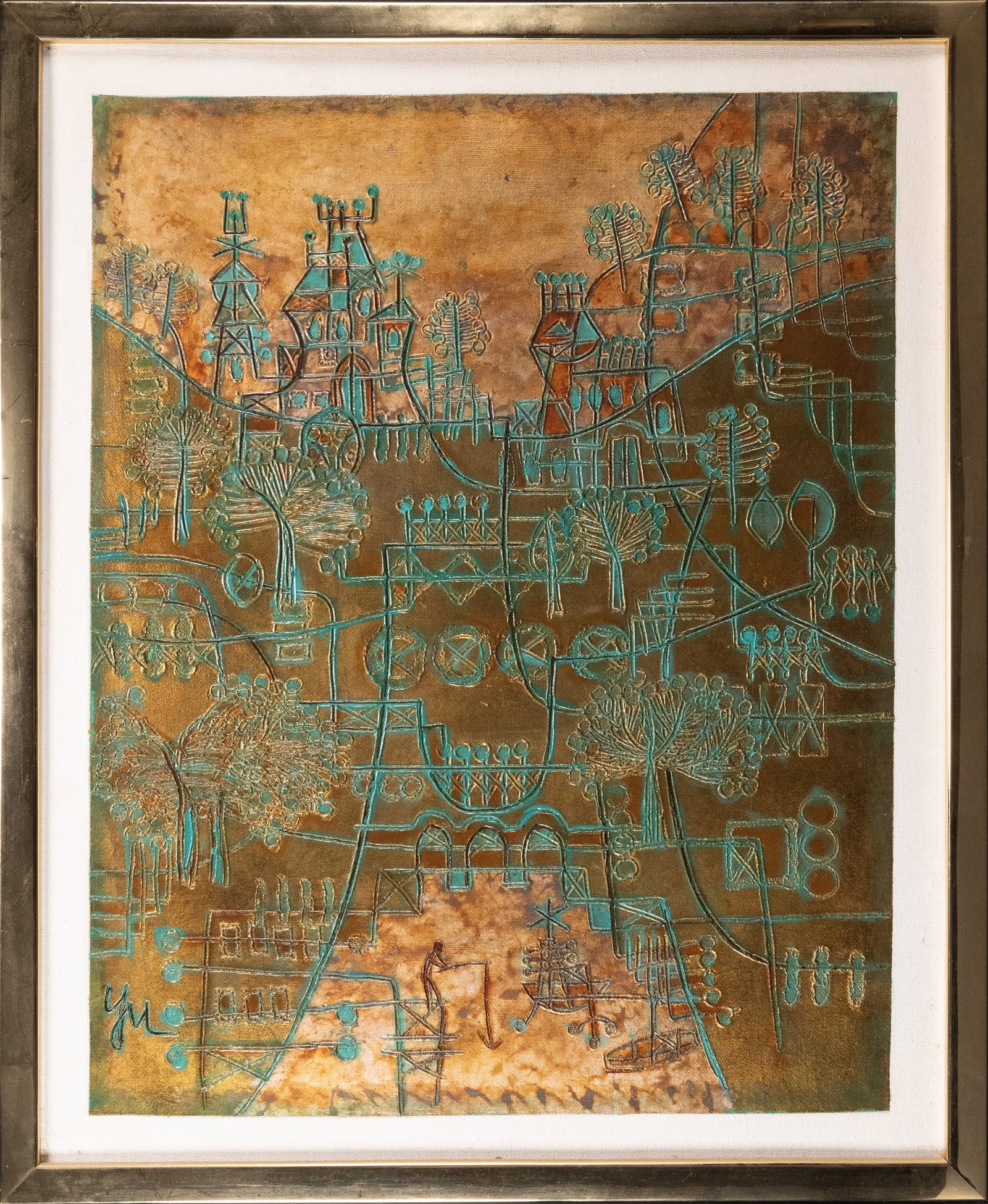 Yu Heshi ( China America 1935-) Village Landscape Acrylic On Canvas: Yu Heshi ( Chinese American 1935 - ) Modernist Abstract Village Landscape Acrylic On Canvas Depicting a Village Scene Trees Pagodas Man Fishing Signed in Lower Left: " Yu " Approx: Art: 12 7/8"W x 18 