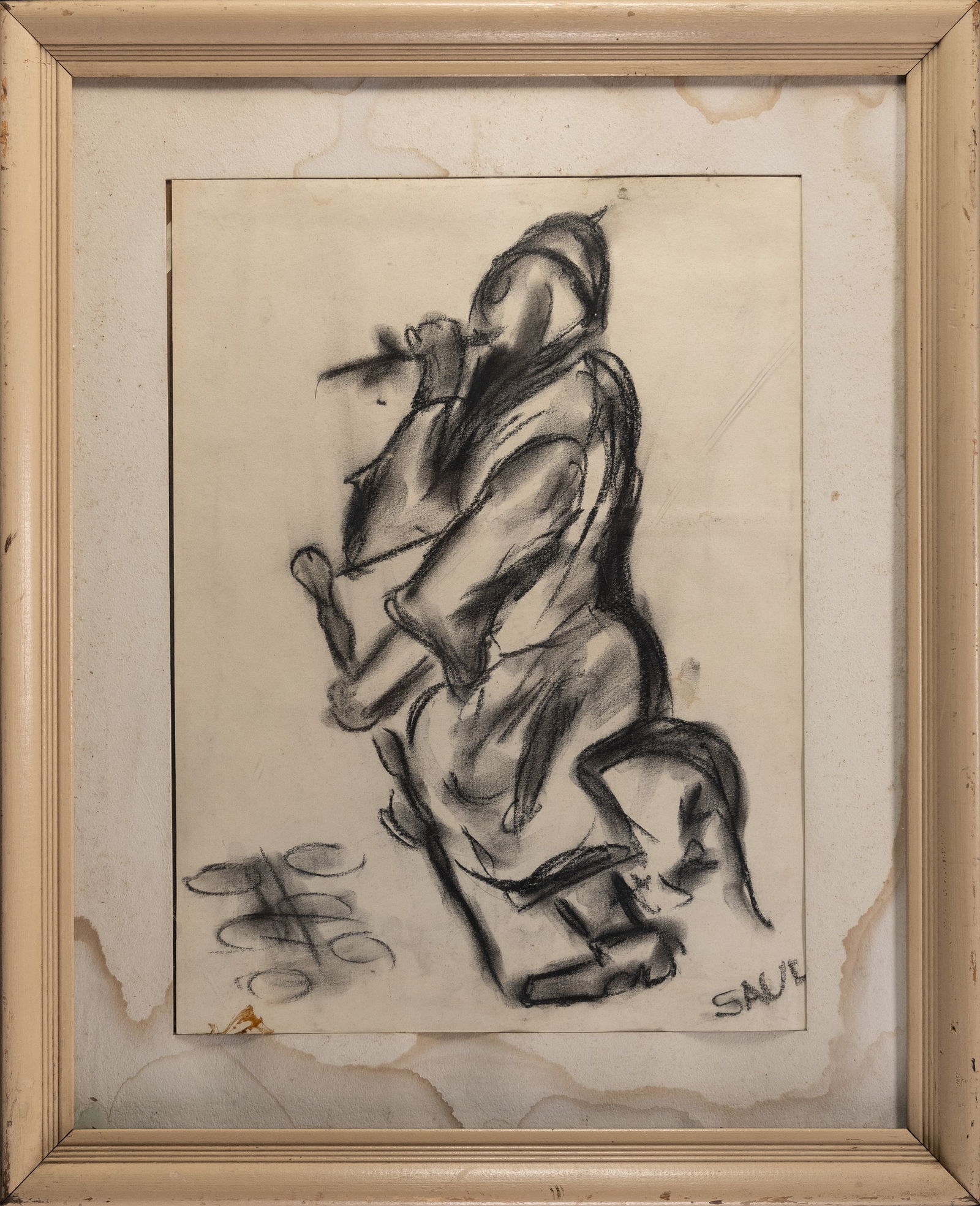 Peter Saul ( America 1934-) Charcoal Drawing On Paper: Peter Saul ( American 1934 - ) Charcoal Signed Lower Right Figural Man with Walking Stick or Cane Framed Approx: Art: 16"H x 11 3/4"W Frame: 22 1/8"H x 18 1/8"W Peter Saul?s work is included in the pe