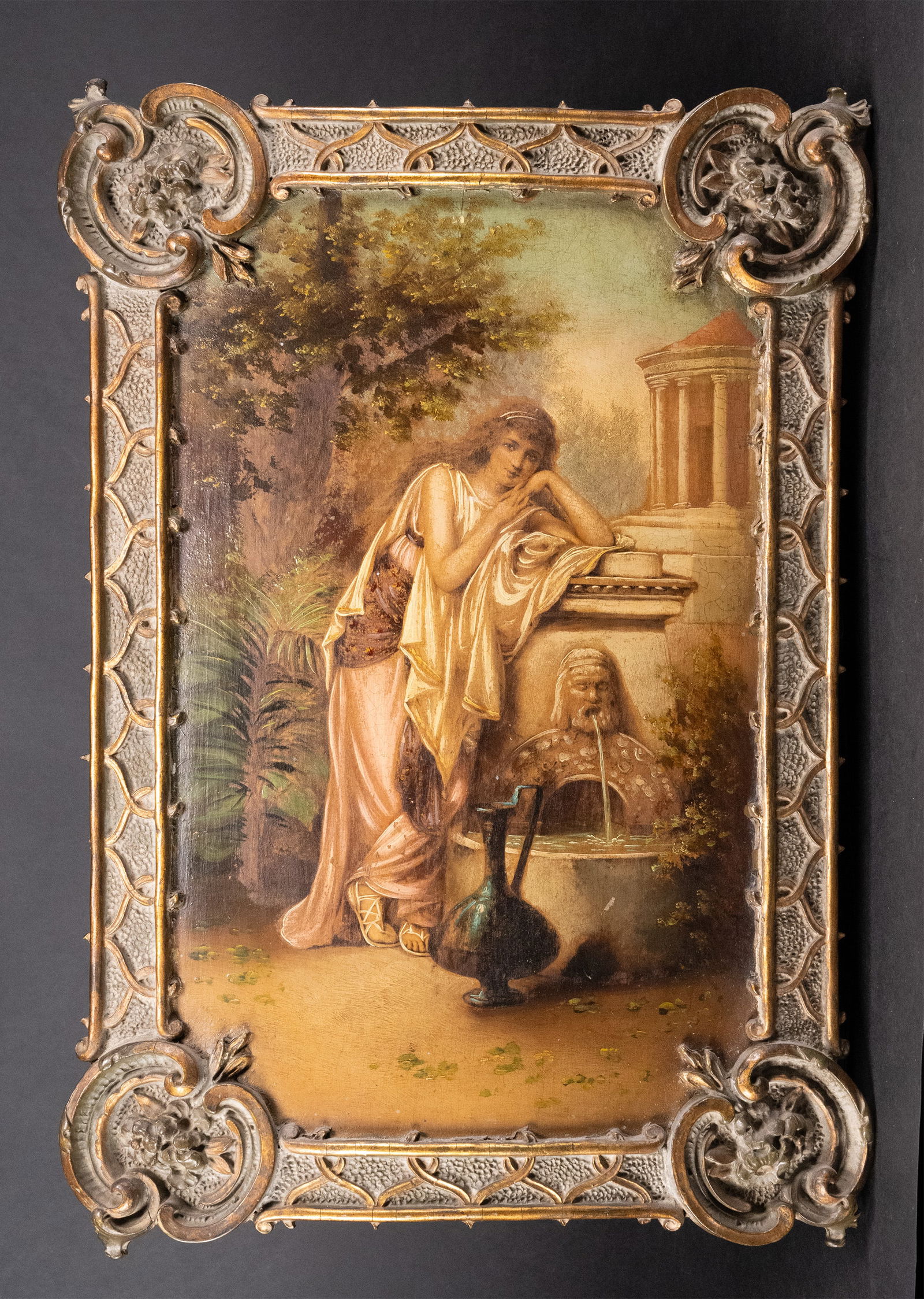 Diana Coomans ( Belgian 1861-1952) Oil on Board: Diana Coomans ( Belgium 1861 - 1952 ) Oil on Board Depicting Maiden Leaning by Water Well in Ornate Floral Motif Gold Gilt Wood Frame Approx: Art: 14 1/8"H x 8 3/4"W x with Frame 17 5/8"H x 12 1/8"W I