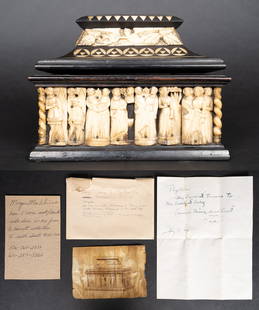 15th c. Italian Embriachi Carved Bone Wedding Casket - Joseph Macauley (American 1891-1967) Gift To: 15th or 16th Century Important Italian Embriachi Hand Carved Bone Wood Sacrophagus Form Wedding Casket with Providence - Joseph Macauley ( American 1891 - 1967 ) Gift To Friend Attributed to Embriachi