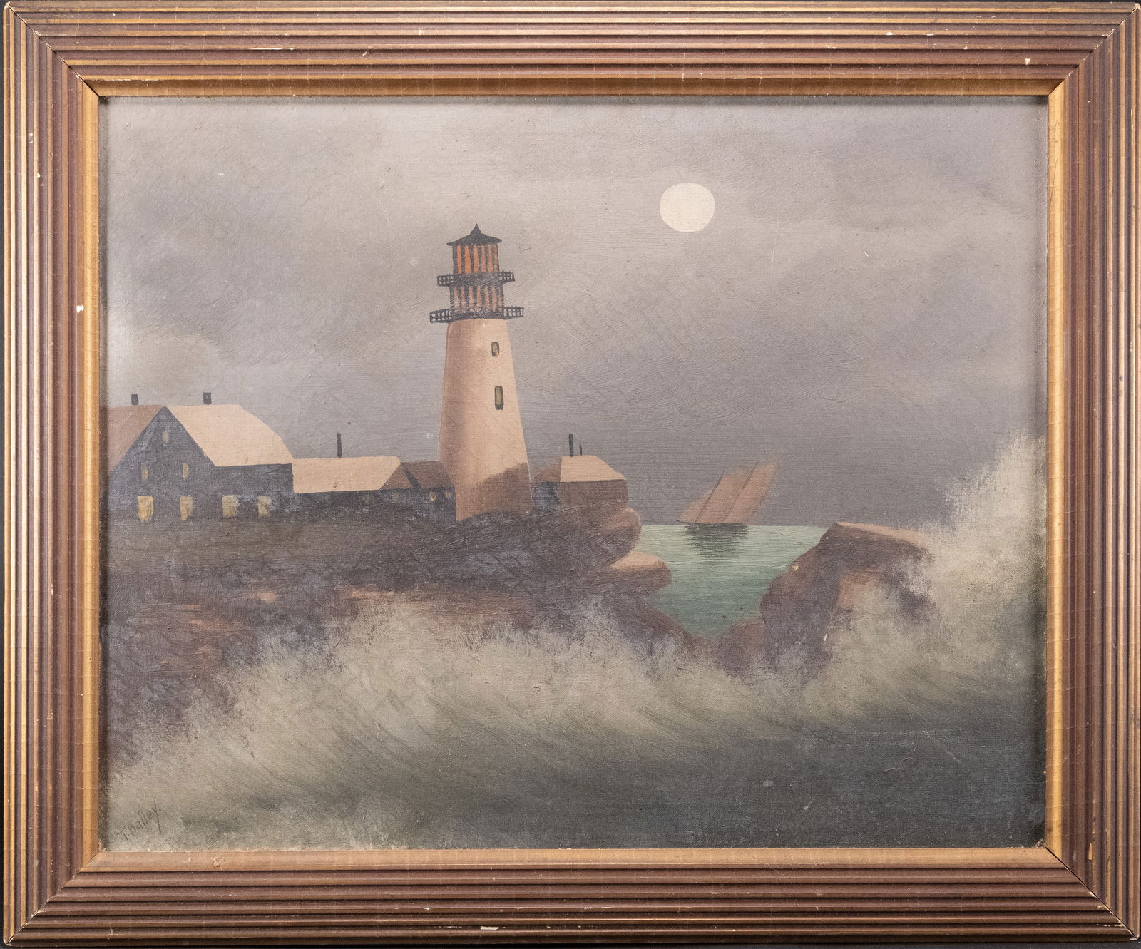 T Bailey ( America MA 19th/20th c.) Oil On Canvas Lighthouse (1 of 3)
