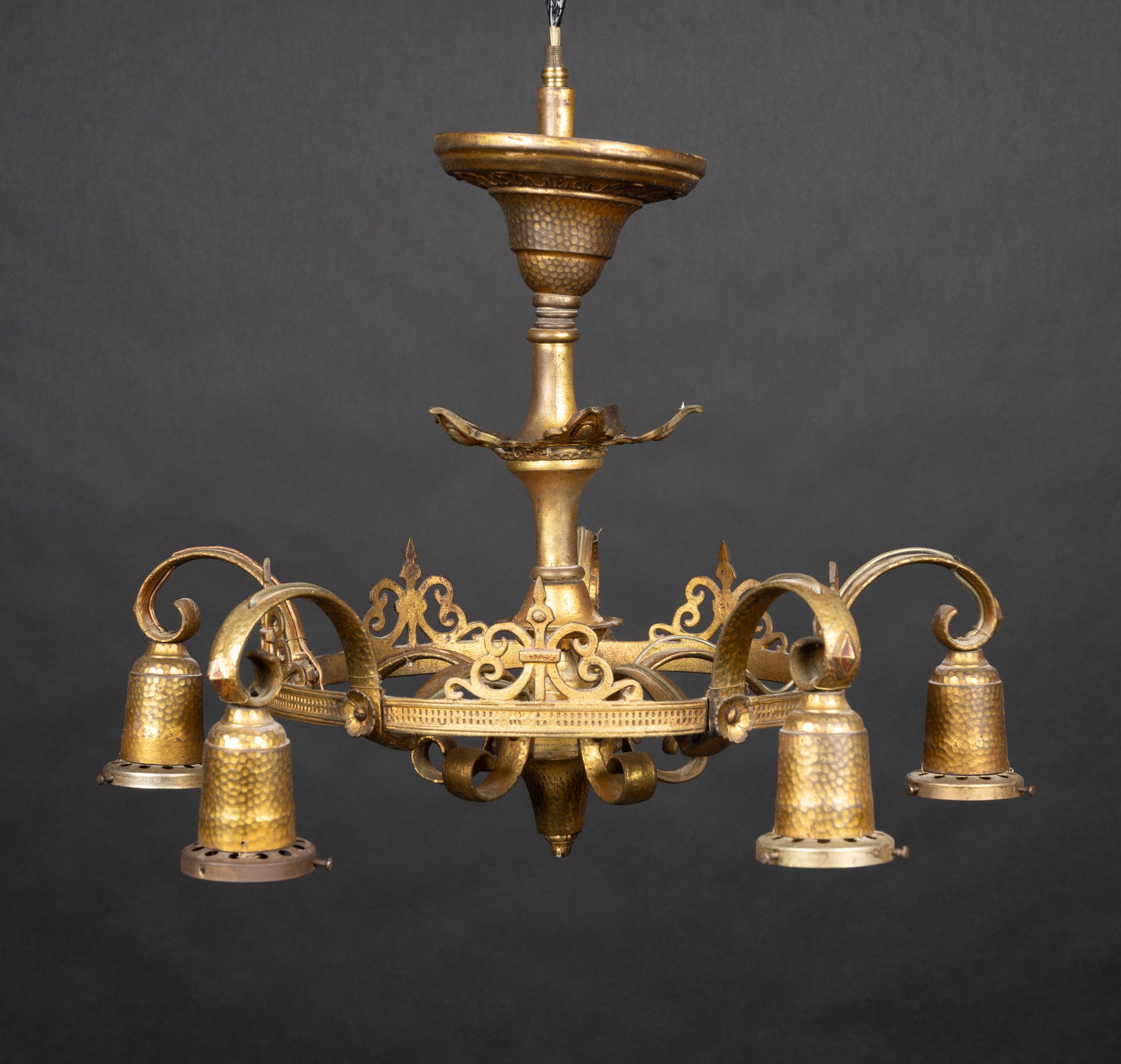 Early 20th C Louis XV Style 5 Light Gilt Bronze Chandelier: Early 20th C Louis XV Style 5 Light Gilt Bronze Chandelier with Spear and Scrollwork Design Between Each Arm Remnant of Red Paint to each Spear and to each Arm in Diamond Like Shape Approx: 14 1/2"H x
