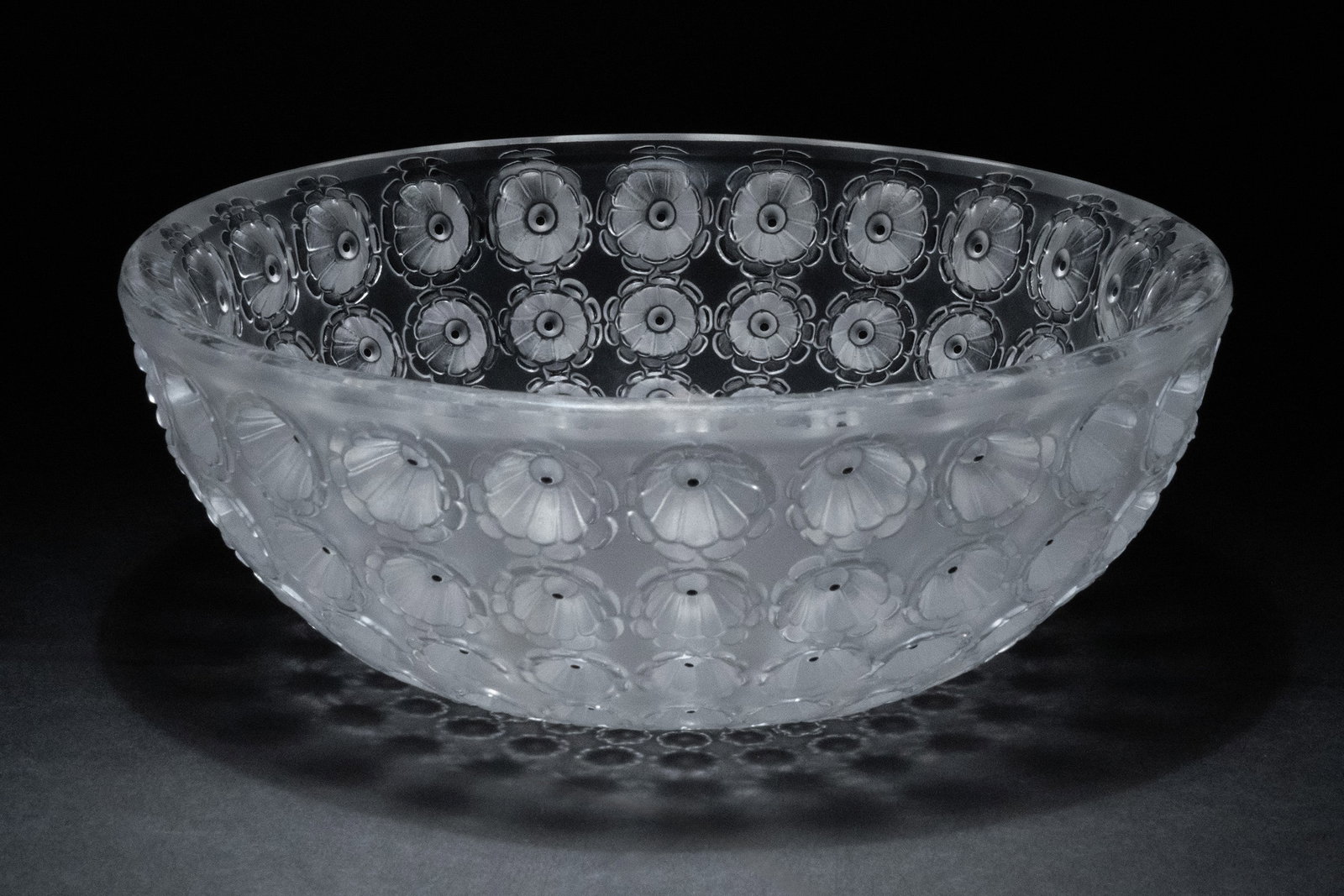 Lalique French 'Nemours' Art Glass Crystal Bowl: Lalique Nemours Art Glass Crystal Bowl Model No. 404 partially frosted crystal and black Nemours Pattern " Thousand Eyes " etched marks to the underside " Lalique France " 10" D 4" H designed 1929 in 