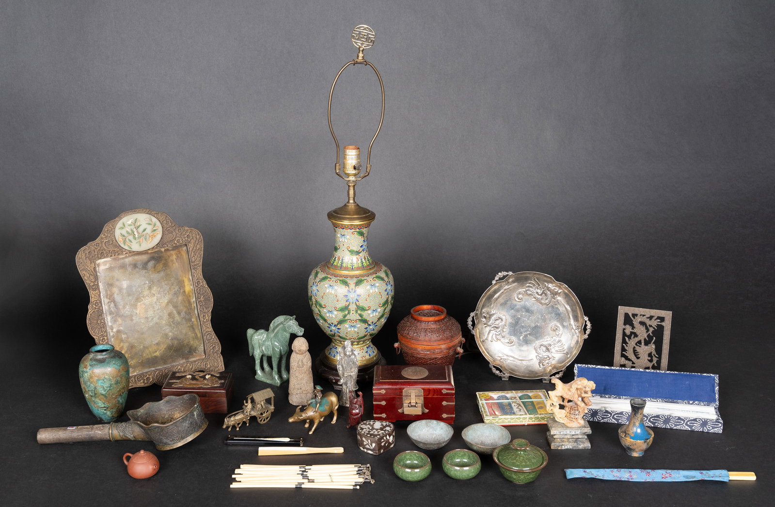 Chinese Collection Group Lot of 49 Items: Chinese Collection Grouping Lot of 49 Items Lot Comprising: 9x Pair of Chopsticks Made of Elephant Tusk and Sterling Silver Mounts each Pair Connected with Metal Chain Absence of Chain to One Pair App