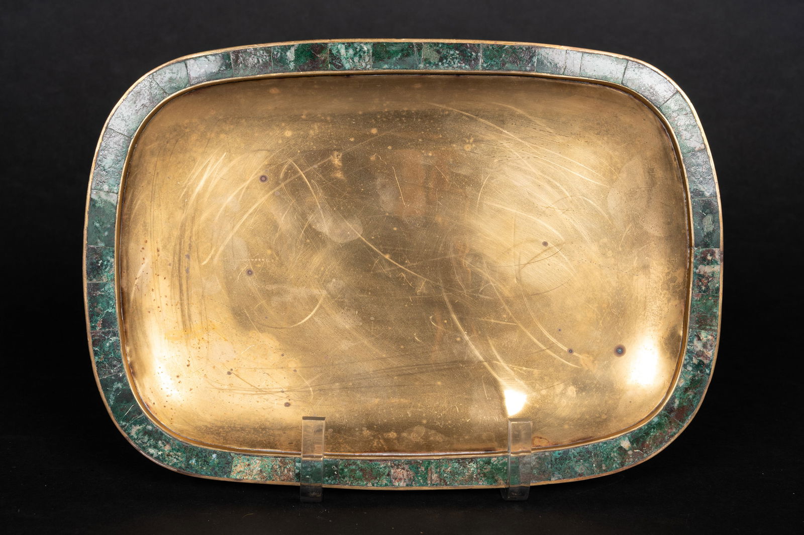 Los Castillo Taxco Mexico Malachite Inlaid Tray: Los Castillo Taxco Mexican Malachite Inlay Centerpiece Rectangular Dish with Inlaid Malachite Azurite Gemstone Border Stamped Underside: " Los Castillo Taxco 316 Hecho En Mexico Hand Wrought " Approx:
