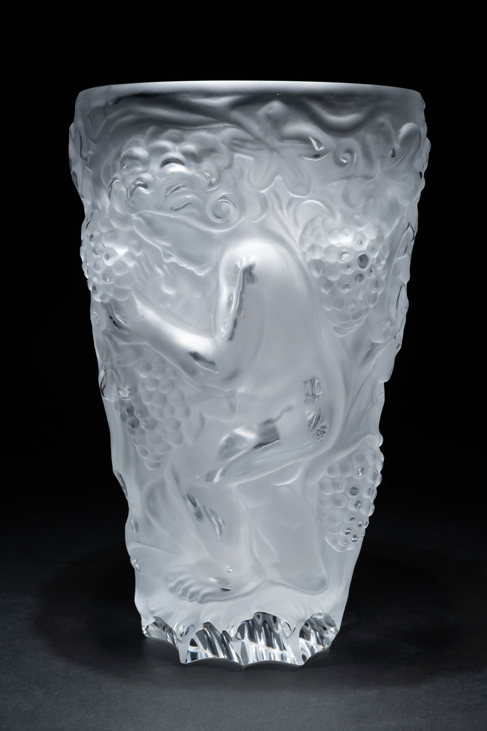 R. Lalique Style Art Deco Glass Vase: Art Deco Crystal Art Glass Vase in the style of Rene Lalique (French, 1860-1945) in Clear Crystal with a Frosted Crystal Decorative Bas-Relief Nude Female Mid-20th Century 11 1/2" H 7 1/4" W 6 1/4" L 