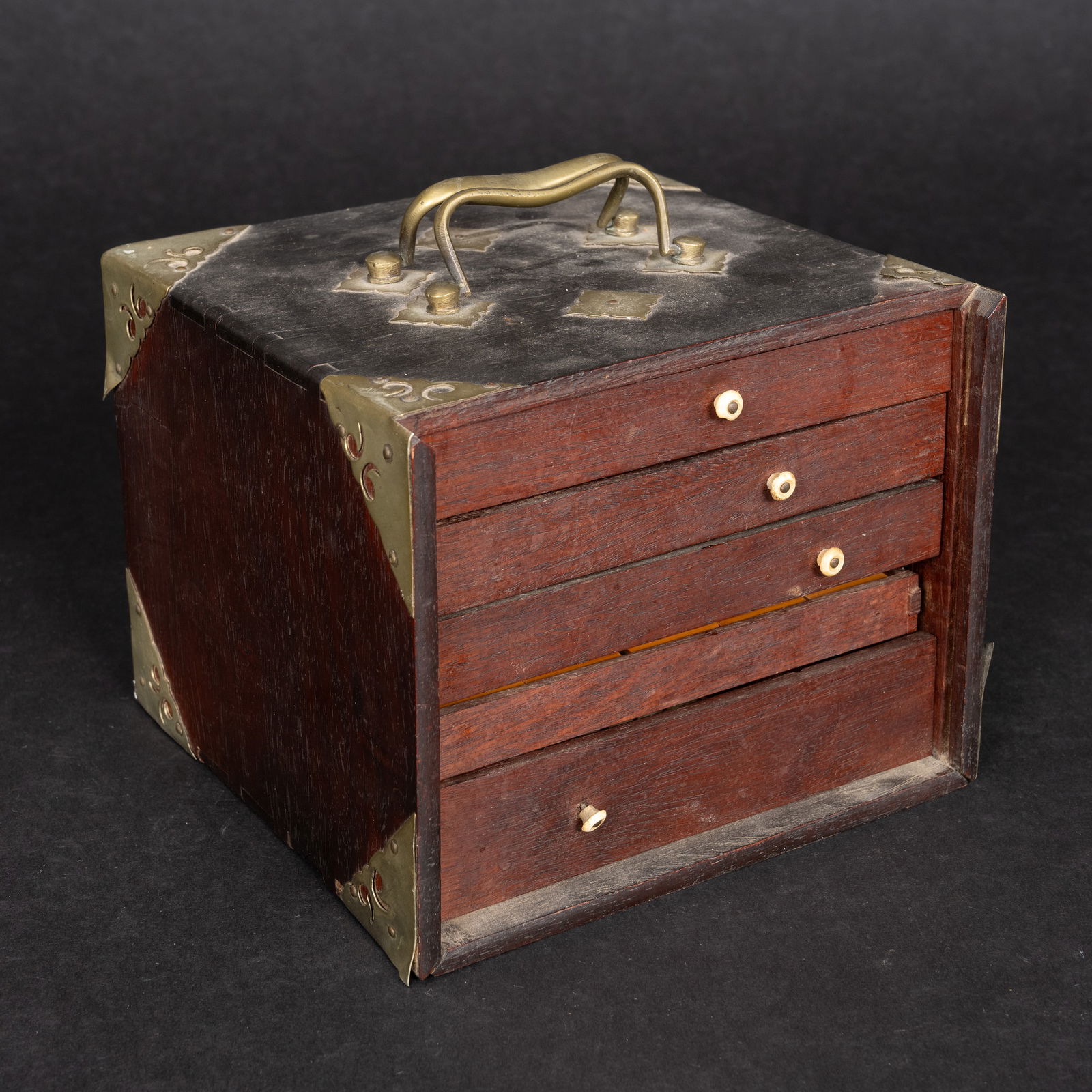 Chinese Game Chest Mah Jong & Dominos: Chinese Game Chest Mah Jong and Dominos Consist of 146 Bone / Bamboo Tiles 1.5" X .75" X .5" 68 2.5" Bone Domino Sticks and a Pair of Dice. The Box Itself is 7.5" X 7" X 6" With Dual Brass Handles Bra