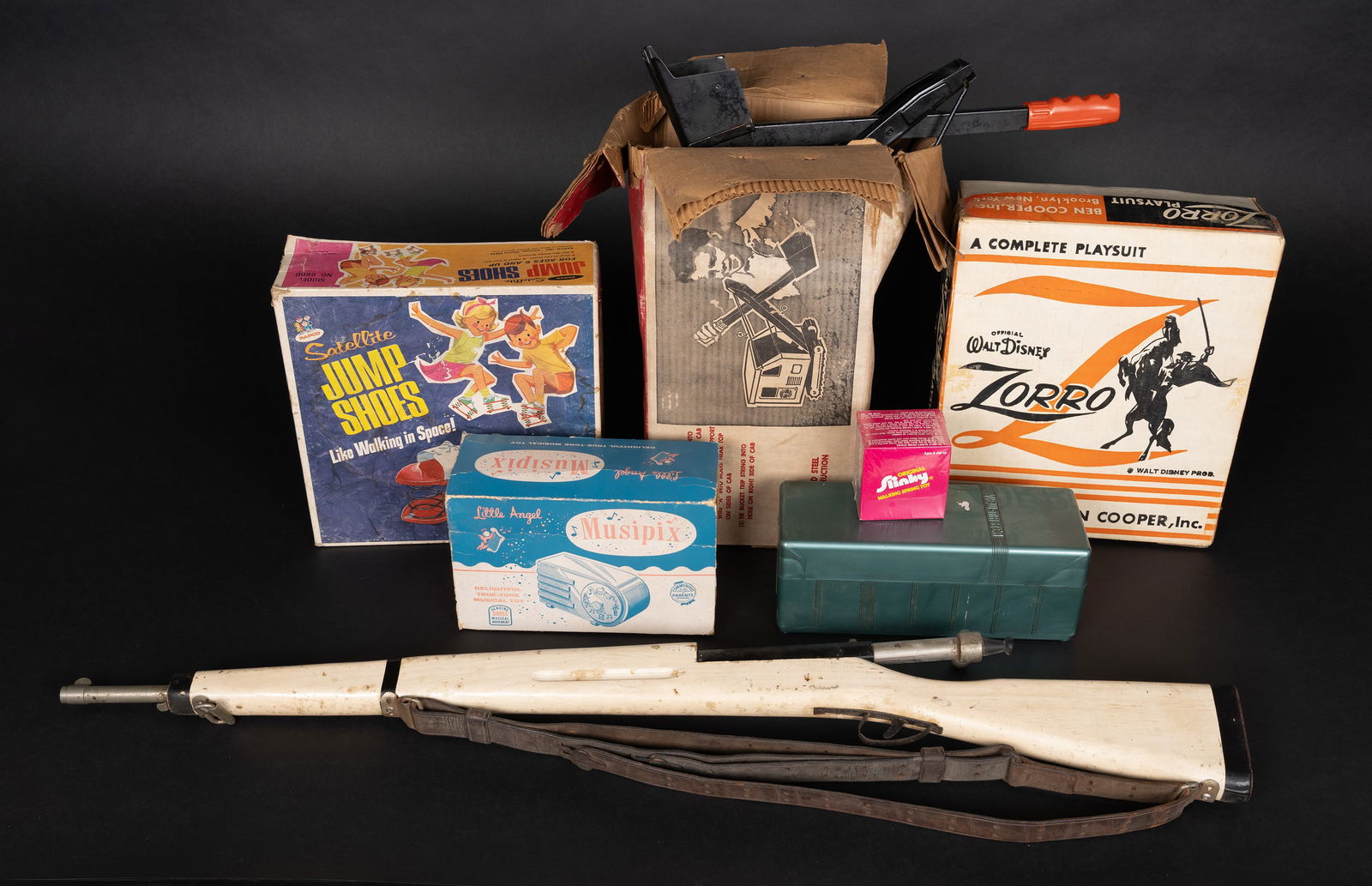 Vintage Toy Collection Lot Disney Buddy L etc: Vintage Toy Collection Grouping Group Lot Disney Buddy L etc Featuring (1) Satellite Jump Spring Moon Shoes With Original Box (2) Vintage Disney Zorro Ben Cooper Halloween Costume 633 Size 6 With Orig