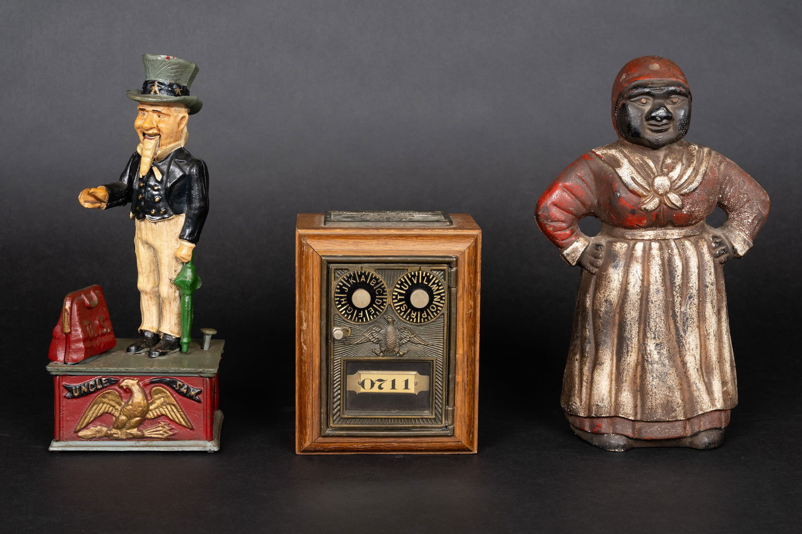 Cast Iron and Brass Bank Collection Lot Uncle Same Aunt Jemima Post Office Box etc (1 of 8)