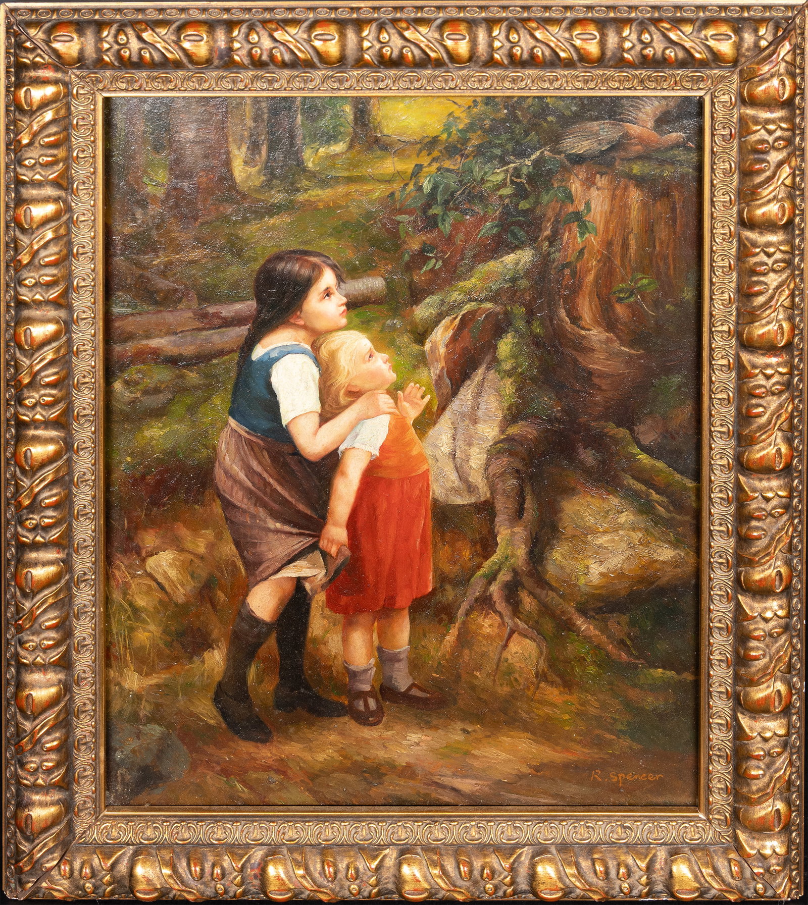 Robert Spencer ( America 1879-1931): Robert Spencer ( American 1879 - 1931 ) Figure Scene Oil on Board signed lower right Depicting two younger girls seemingly distressed looking up at a duck in flight 19 1/2" H 15 3/4" L Art 16" H 12" L