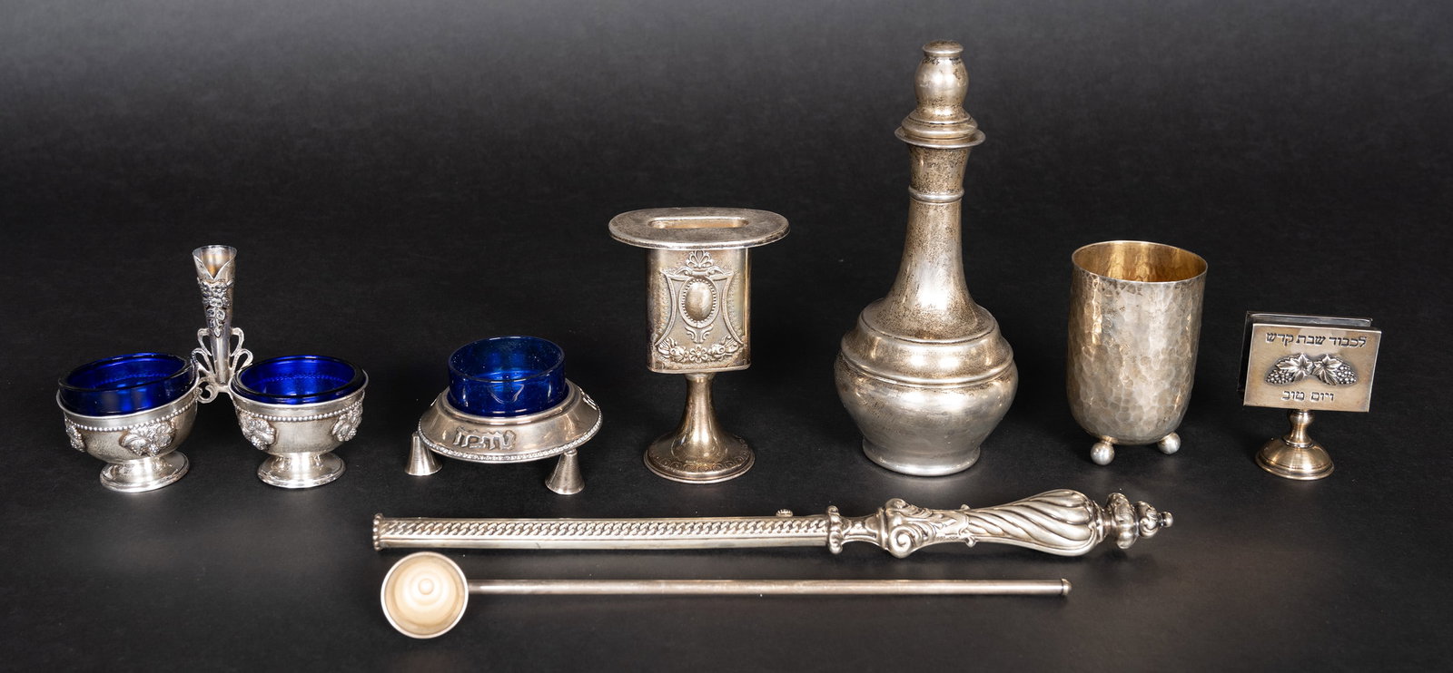 Judaica Sterling Silver Collection: Judaic Sterling Silver Sabbath Hanukah Yom Ki Pur Collection Grouping Group Lot Match Holder Havdallah Candle Lighter Candle Snuffer Kiddush Cup Cellars Wine Decanter Hazorfim Etc Total Weight of Ster