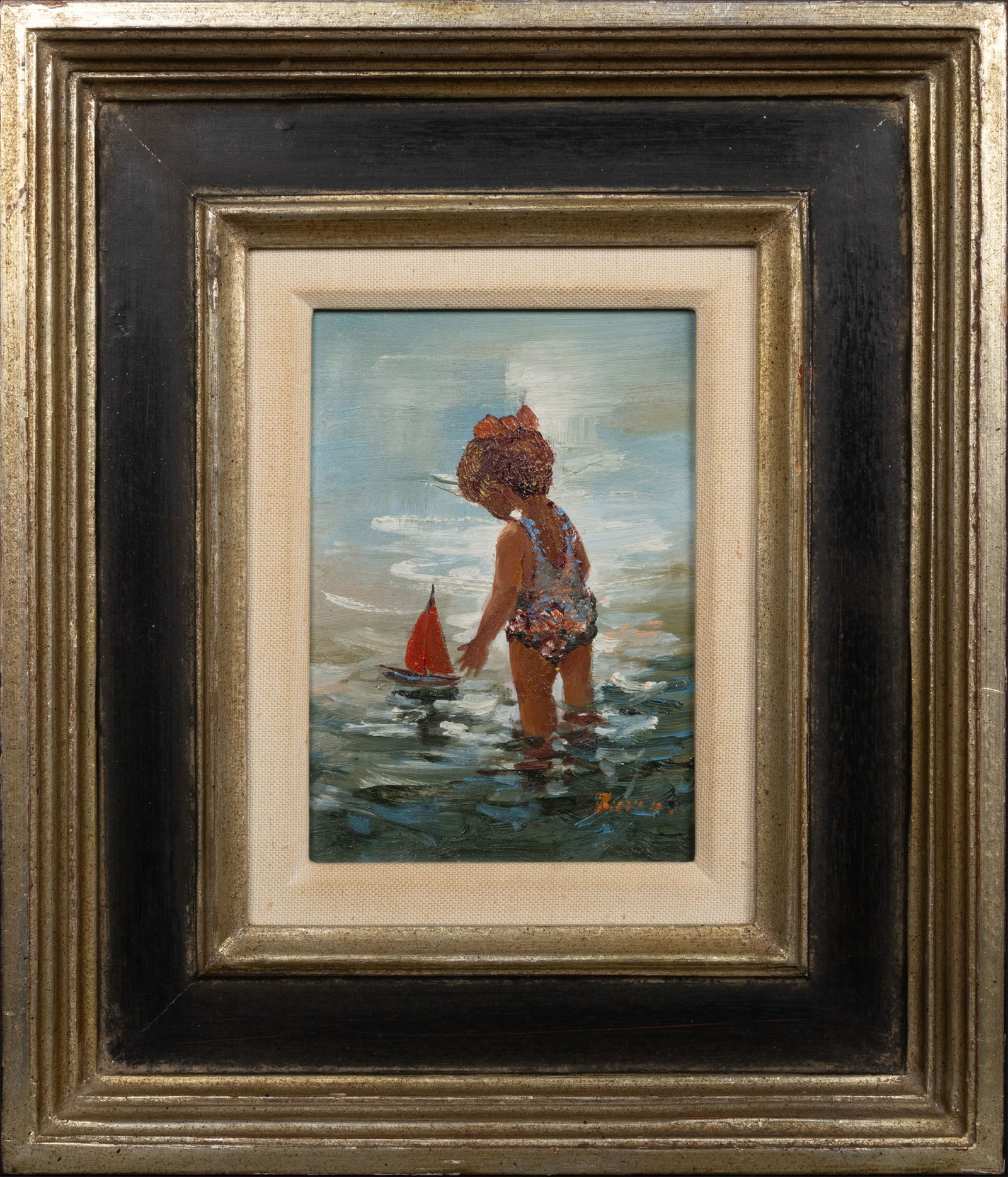 Mid-Century Oil Girl with Sailboat Signed illegible (1 of 5)