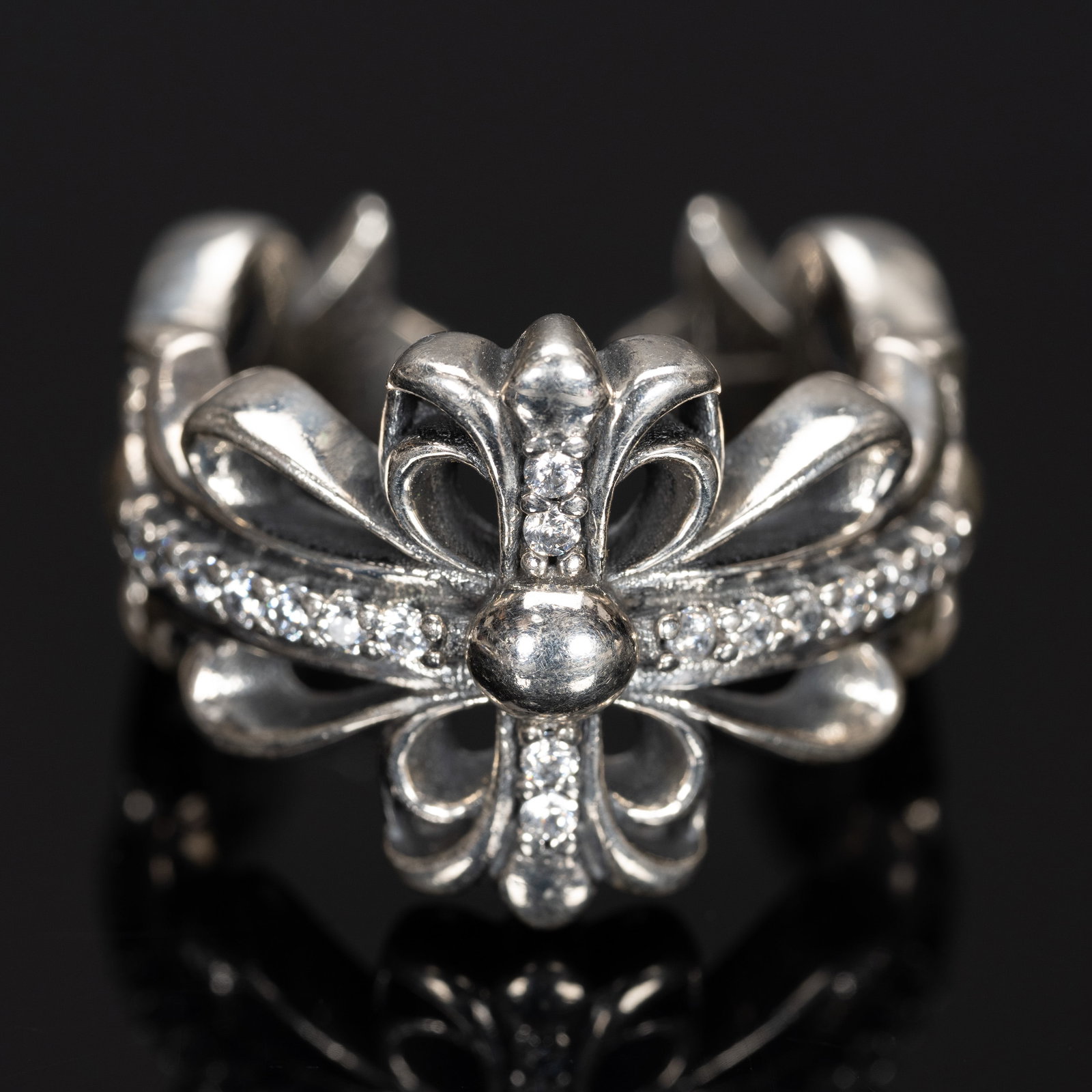 Chrome Hearts Sterling Silver Double Floral Cross Diamond Ring (1 of 4)
