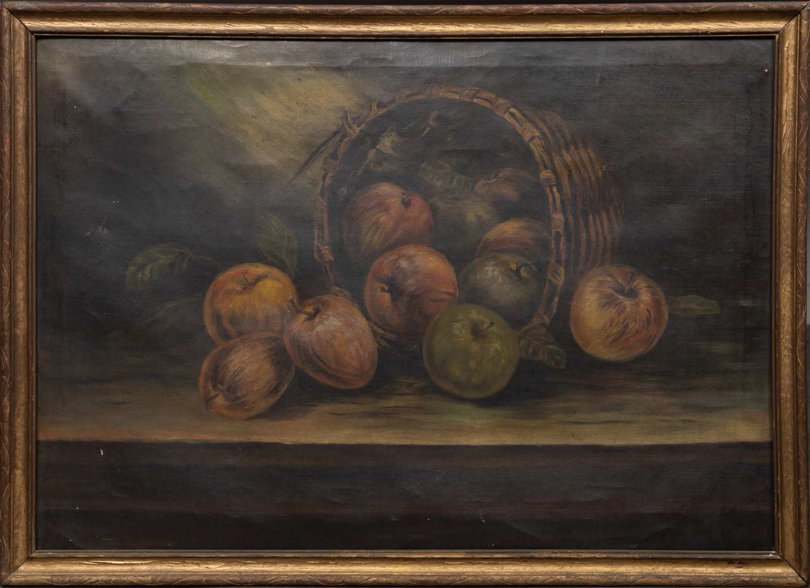 19th C French School Still Life Apples & Basket Oil On Canvas Signed illegable (1 of 3)