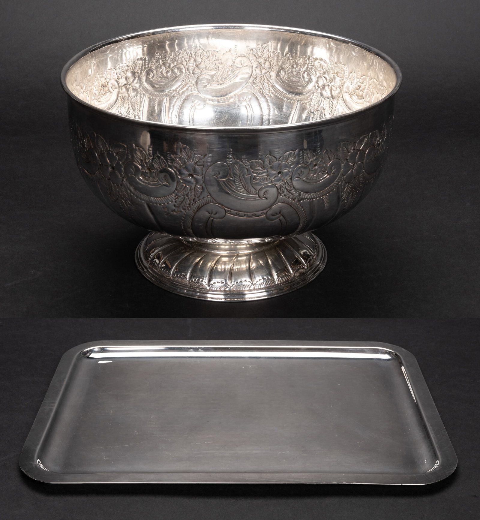 Sheffield Silver Punch Bowl & Italian Tray: Sheffield Silver Punch Bowl & Italian Tray Lot Comprising: 1x Sheffield Silverplated Repousse Hand Chased Punch Bowl with Scroll and Floral Motif Marked Underside: "Made in Sheffield England Hand Chas