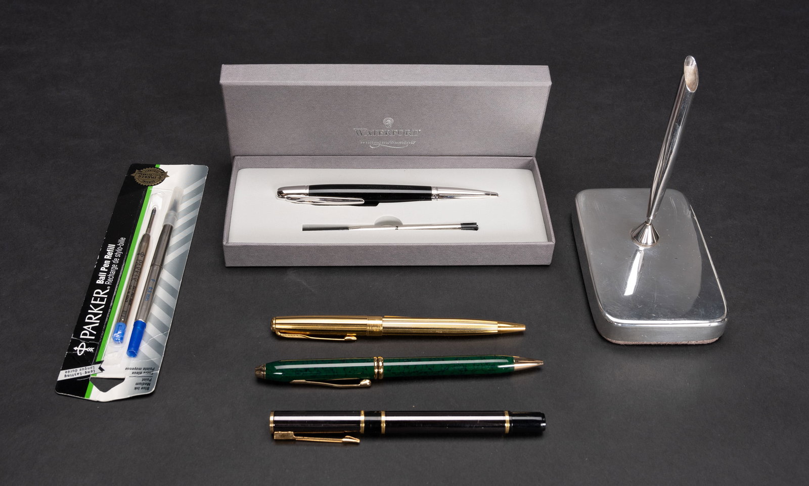 Tiffany Sterling Pen Holder & Vintage Pen Collection Waterford Waterman Parker: Tiffany Sterling Pen Holder & Vintage Pen Collection Including: Waterford Pallas Ball Point Black Pen Parker Sonnet III Waterman France Laureat Fountain Pen and More Lot Comprising: 1x Tiffany & Co Ma
