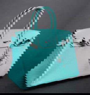 Hermes Birkin 30 Handbag: Hermes Birkin 30 Handbag in Teal Togo leather exterior with leather lining and Palladium hardware. Made in France. Turnlock closure. One main compartment. Interior zipper and slip pocket. Circa 2016.