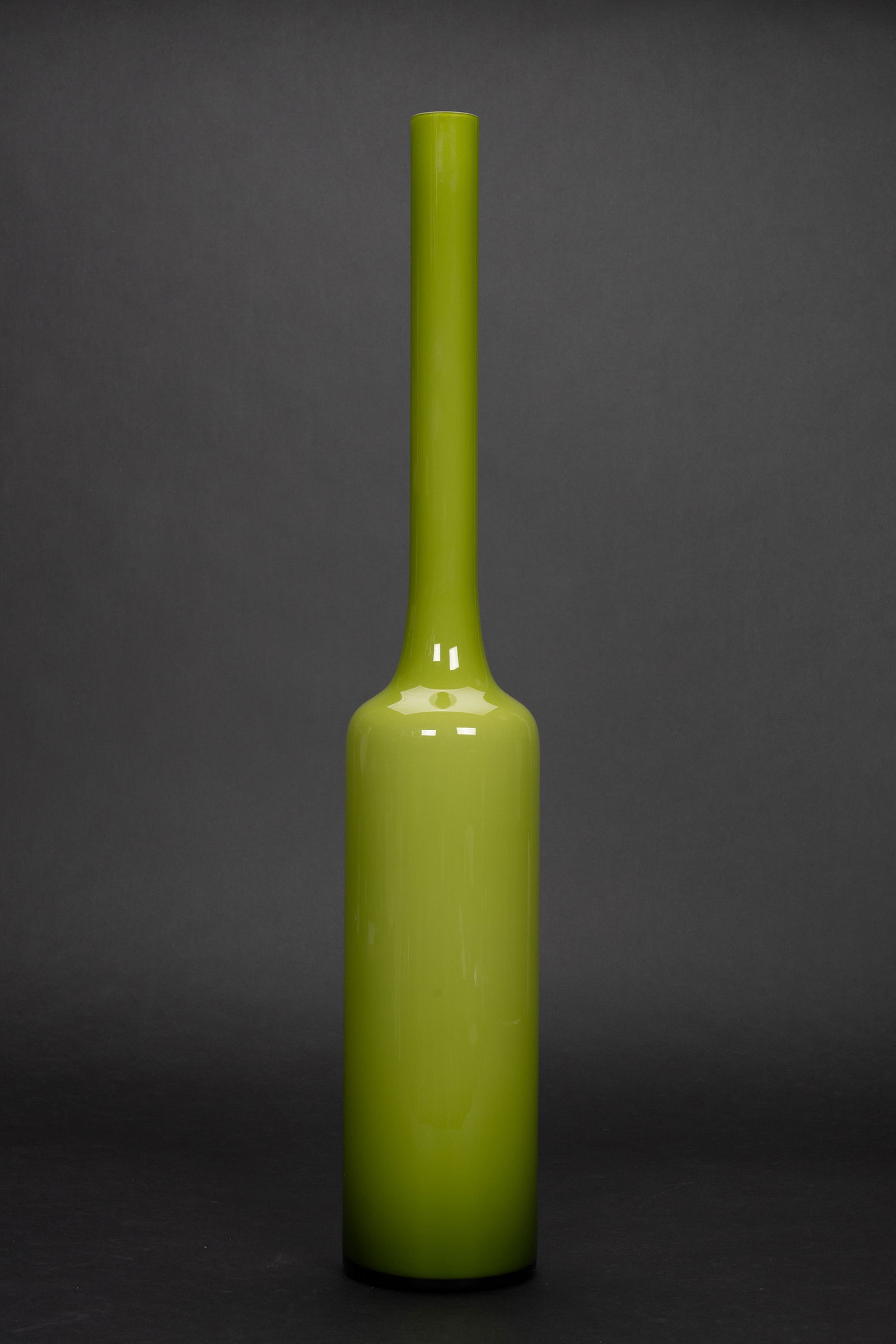 Italian Mid-Century Glass Bottle Vase: Italian Mid-Century Modern Art Glass Vase bottle shaped in lime green long spout/neck resembling a champagne bottle 26 3/8" H 4 1/2" D Contemporary No Chips or Cracks in Overall Great Condition Please