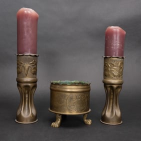WWI Trench Art Brass Candlesticks & Planter