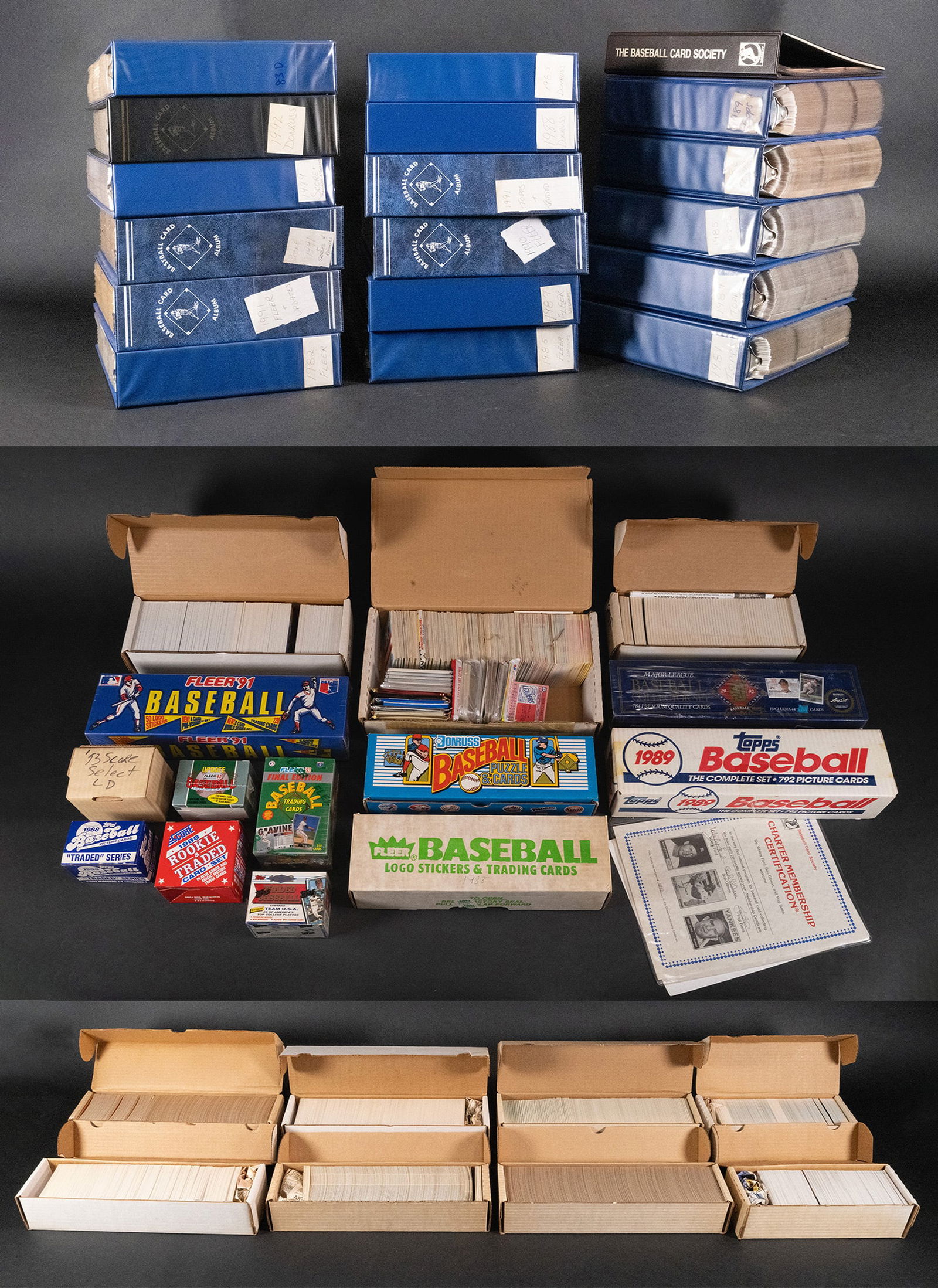 Large Unsearched Baseball Card Binder & Box Lot Baseball Card Society Certification: Extremly Large Unsearched Baseball Card Bider and Box Lot Baseball Card Society Certification Autographed by Whitey Ford, Bob Gibson & Yogi Berra Will include Topps Binders 1981-1984-1985-1986-1989-19