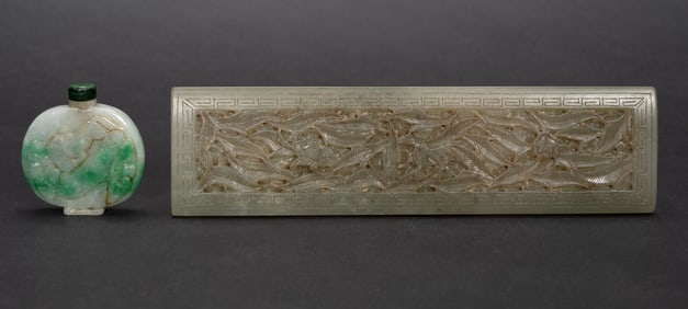 Chinese Reticulated Celadon Jade Plate & Fei Cui Jade Snuff Bottle
