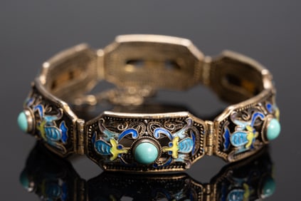 Chinese Filigree Gilt Sterling Silver Cloisonne Turquoise Bracelet
