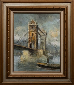 London Tower Bridge Impressionist Landscape Oil signed illegible