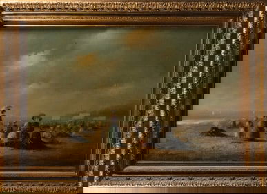 Beach Scene Oil on Canvas Signed illegible