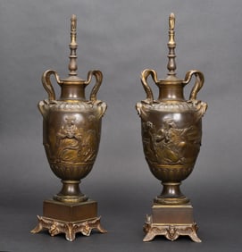 Ferdinand Barbedienne (France 1810-1892) Bronze Neoclassical Garniture Urn Pr. Signed