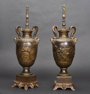 Ferdinand Barbedienne (France 1810-1892) Bronze Neoclassical Garniture Urn Pr. Signed: 19th Century Ferdinand Barbedienne ( French 1810 - 1892 ) Gilt Bronze Neoclassical Garniture Urn Pair Each Signed Produced by the Foundry of Ferdinand Barbedienne Decorated with Continuous Frieze of M