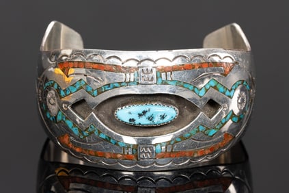 Henry Baca Native American Navajo Sterling Silver Turquoise Coral Shadow Box Cuff Bracelet