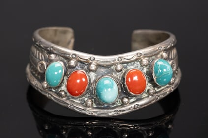Native American Navajo Sterling Silver Turquoise Coral Cuff Bracelet